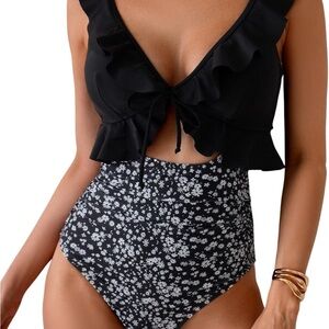 NWT M EOMENIE ONE PIECE Elegant Black Floral Women's One Piece Swimsuit
